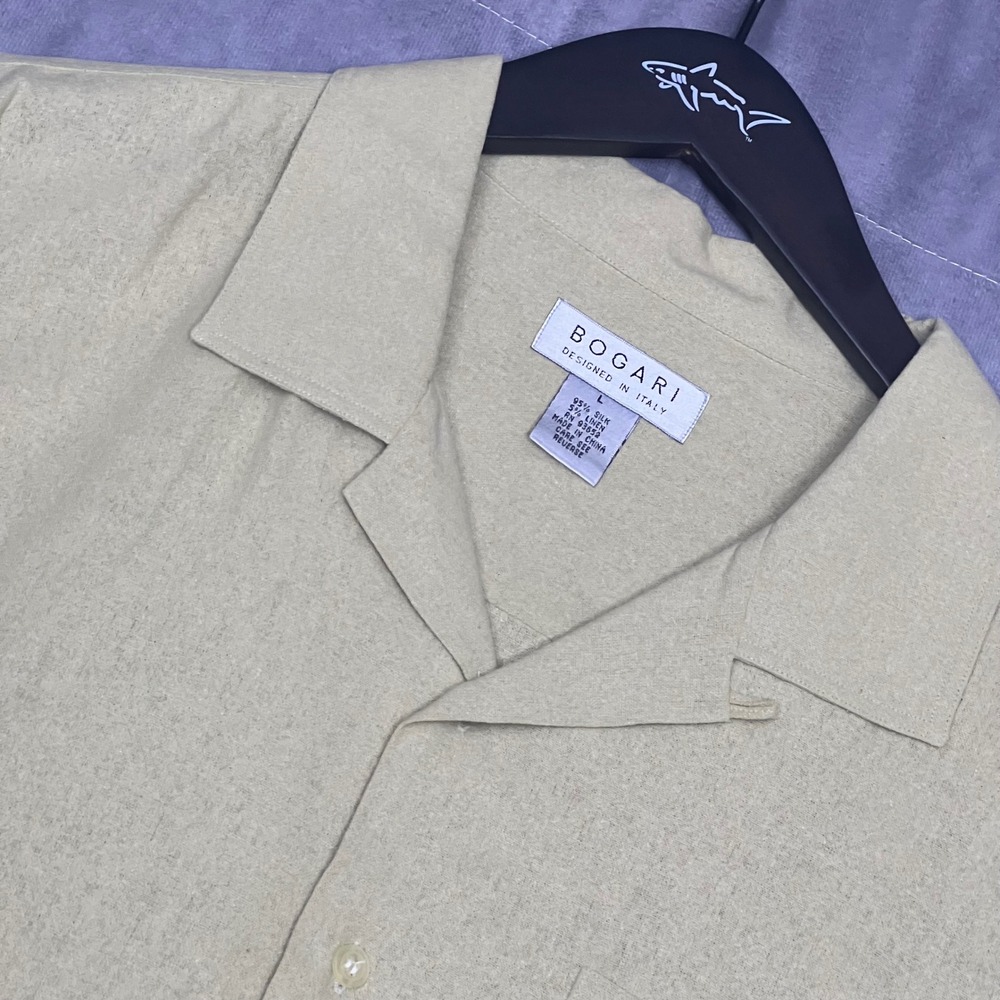 Bogari Silk Linen Button Up Shirt Mens Large Tan Excellent Camp Collar Pocket